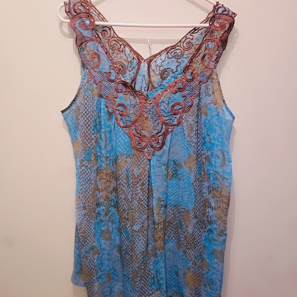 Sienna Rose Blue and Tan Embroidered Blouse
